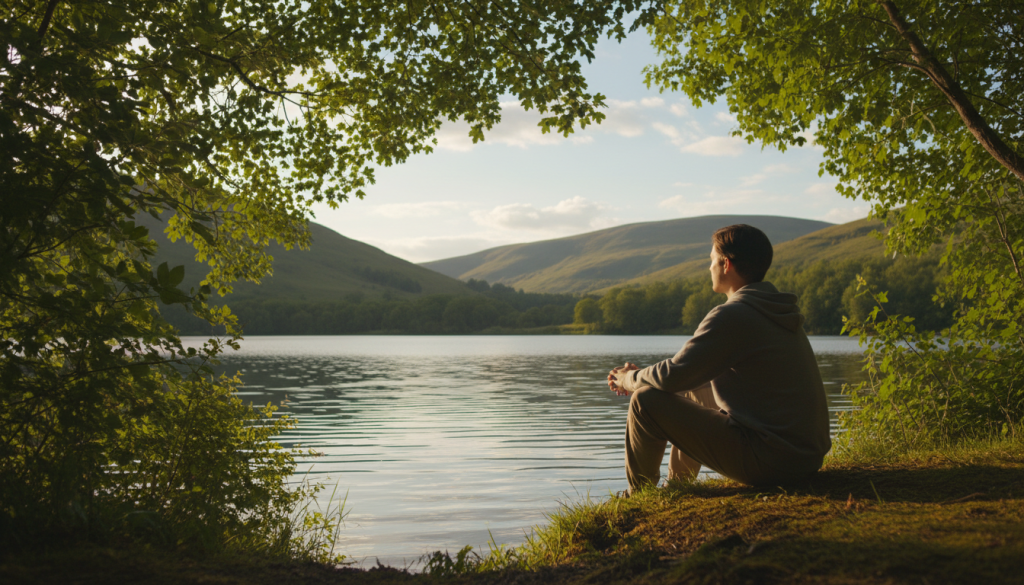 A serene, tranquil scene depicting a solitary figure of a person dressed in modest casual clothing, sitting by a calm lake surrounded by lush greenery. The foreground shows delicate ripples on the water's surface, reflecting soft, warm sunlight filtering through the leaves above, creating dappled patterns on the ground. In the middle, the figure gazes thoughtfully into the distance, embodying introspection and a preference for solitude over confrontation. The background features gentle hills and a clear sky with wispy clouds, enhancing the peaceful atmosphere. The lighting is soft and golden, evoking a sense of calm and reflection, while the overall mood is contemplative and serene, capturing the essence of retreating into oneself rather than facing conflict. A serene, tranquil scene depicting a solitary figure of a person dressed in modest casual clothing, sitting by a calm lake surrounded by lush greenery. The foreground shows delicate ripples on the water's surface, reflecting soft, warm sunlight filtering through the leaves above, creating dappled patterns on the ground. In the middle, the figure gazes thoughtfully into the distance, embodying introspection and a preference for solitude over confrontation. The background features gentle hills and a clear sky with wispy clouds, enhancing the peaceful atmosphere. The lighting is soft and golden, evoking a sense of calm and reflection, while the overall mood is contemplative and serene, capturing the essence of retreating into oneself rather than facing conflict.