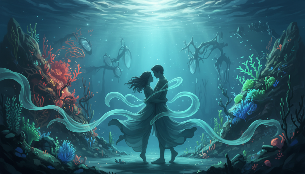A serene underwater scene depicting the emotional impact of water signs in astrology. In the foreground, graceful silhouettes of a woman and a man dressed in modest casual clothing, symbolizing sensitivity and depth, are intertwined with flowing, ethereal water currents. The middle ground features vibrant aquatic flora, illuminated by soft, dappled sunlight filtering through the surface, representing emotional turmoil and growth. In the background, faint shadows of abstract shapes suggest hidden feelings and inner struggles, blending seamlessly into the depths of the water. The overall atmosphere is tranquil yet evocative, with cool blue and green tones dominating the color palette, creating a sense of calm, introspection, and emotional resonance.