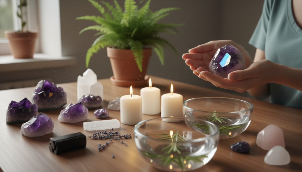 A serene workspace dedicated to the cleansing and charging of protective gemstones, featuring a polished wooden table adorned with an assortment of vibrant crystals in various shapes and sizes. The foreground showcases clear bowls of water infused with herbs, and soft white candles providing a warm glow. In the middle, a pair of hands gently holding a glimmering amethyst, reflecting a rainbow of colors, with a soft-focus on the background where a lush, green plant adds a natural touch. The atmosphere is calm and meditative, illuminated by soft, diffused natural light streaming in from a nearby window, creating an inviting and peaceful mood ideal for spiritual practice.