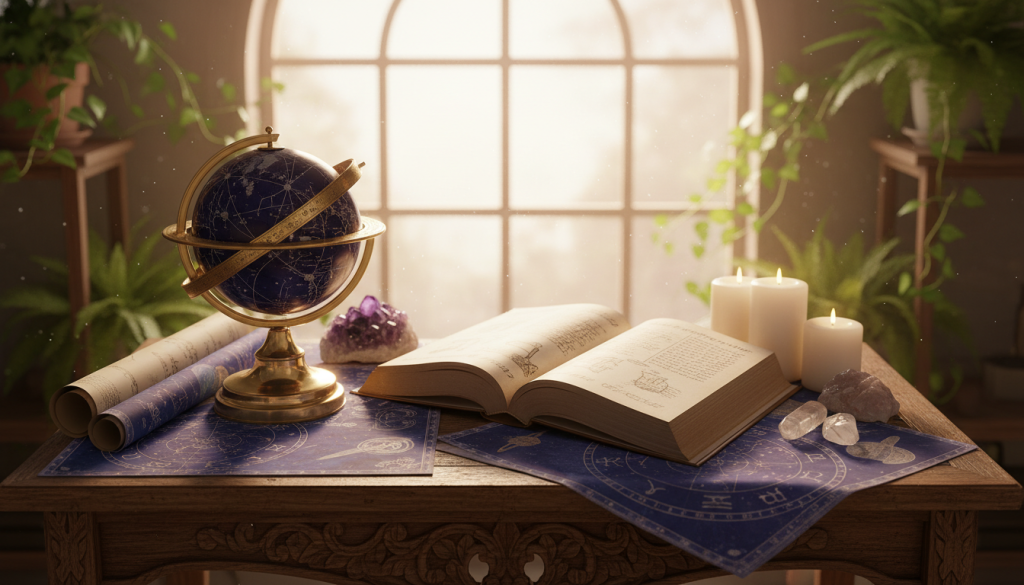 A serene workspace filled with astrological tools for personal growth. In the foreground, an ornate wooden table displays a detailed astrolabe, a celestial globe, and colorful astrological charts. The middle ground features a beautiful, open book with handwritten notes on astrology and personal development, surrounded by crystals and candles. In the background, a softly glowing window lets in warm sunlight, creating a tranquil atmosphere. Lush green plants add a touch of nature to the scene, enhancing the peaceful vibe. The lighting is soft and inviting, emphasizing the textures of the tools. The lens is set to a slightly elevated angle, capturing the full essence of this astrological sanctuary, evoking curiosity and inspiration.
