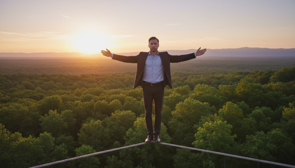 A serene yet powerful scene depicting a person standing confidently on a tightrope, embodying the theme of pride and balance. The foreground features the figure, clad in professional business attire, arms outstretched for equilibrium, symbolizing the struggle between ego and harmony. In the middle ground, lush green trees sway gently, suggesting a supportive environment, while a soft, hazy backdrop of a sunset casts warm, golden light, enhancing the mood of introspection and emotional growth. The lighting creates gentle shadows, highlighting the determination on the person's face. The angle is slightly elevated, providing a sense of perspective that captures the height of the tightrope and the vastness of the landscape below, evoking feelings of both challenge and hope.