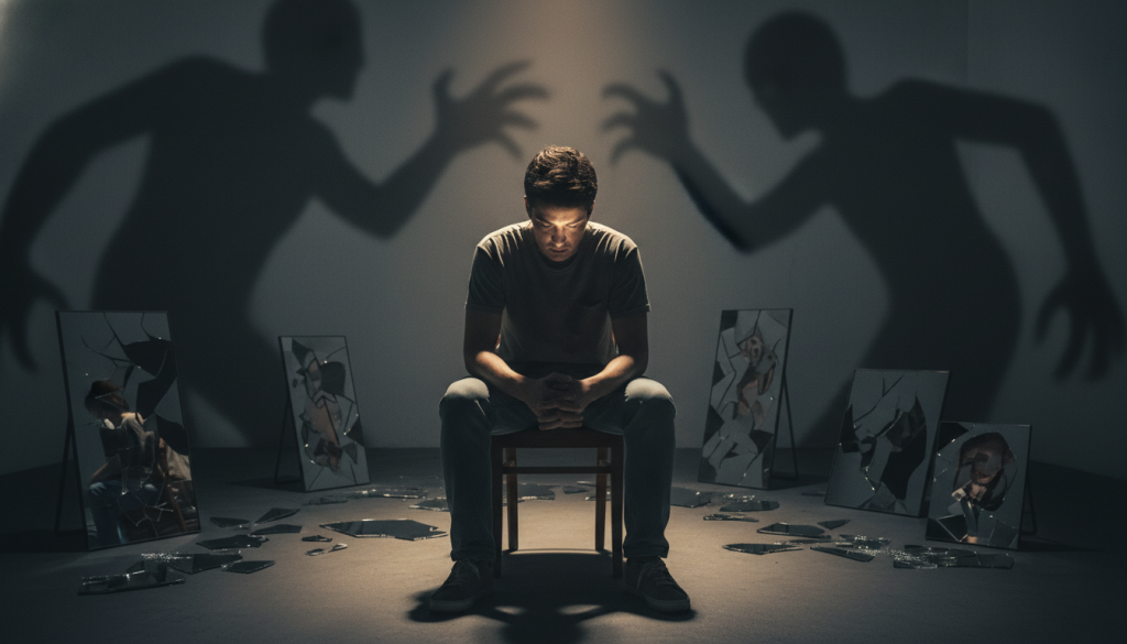 A shadowy figure stands in a desolate room, symbolizing the feeling of fear and self-sabotage. In the foreground, a person, dressed in modest casual clothing, looks contemplative and distressed, their body language expressing hesitation and uncertainty. In the middle ground, broken mirrors reflect fragmented images, illustrating the idea of distorted self-perception. In the background, dark, looming shadows create an oppressive atmosphere, hinting at unseen fears and barriers to personal growth. The lighting is dim and dramatic, casting long shadows that enhance the sense of unease, with a slight spotlight illuminating the figure’s face, capturing their emotional turmoil. The scene evokes a deep sense of introspection and the struggle against fear.
