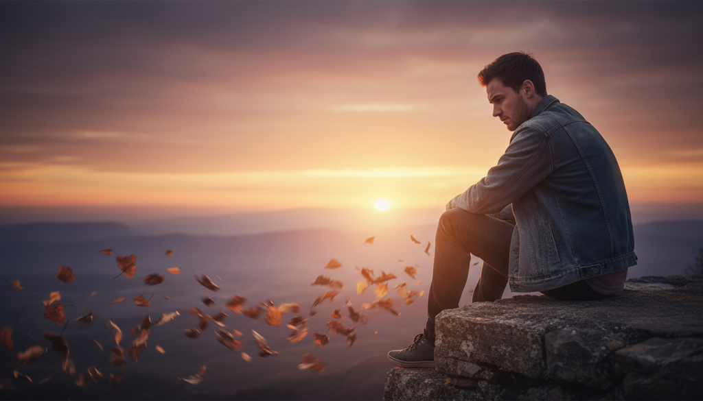 A solitary figure sits on a ledge, gazing pensively into the distance, embodying the emotional patterns associated with abandonment. The foreground showcases the individual, dressed in modest casual clothing, with a somber expression that reflects introspection and vulnerability. The middle layer features delicate wisps of wind-blown leaves, symbolizing change and loss, while a soft, blurred background reveals a sunset sky, casting warm hues of orange and purple, creating a poignant atmosphere. The lighting emphasizes a gentle glow around the figure, enhancing feelings of solitude and contemplation. The angle is slightly elevated, capturing both the person’s expression and the vastness of the sky, suggesting the weight of emotional processing. The overall mood is reflective, melancholic, and introspective, perfectly illustrating the theme of emotional abandonment. A solitary figure sits on a ledge, gazing pensively into the distance, embodying the emotional patterns associated with abandonment. The foreground showcases the individual, dressed in modest casual clothing, with a somber expression that reflects introspection and vulnerability. The middle layer features delicate wisps of wind-blown leaves, symbolizing change and loss, while a soft, blurred background reveals a sunset sky, casting warm hues of orange and purple, creating a poignant atmosphere. The lighting emphasizes a gentle glow around the figure, enhancing feelings of solitude and contemplation. The angle is slightly elevated, capturing both the person’s expression and the vastness of the sky, suggesting the weight of emotional processing. The overall mood is reflective, melancholic, and introspective, perfectly illustrating the theme of emotional abandonment.