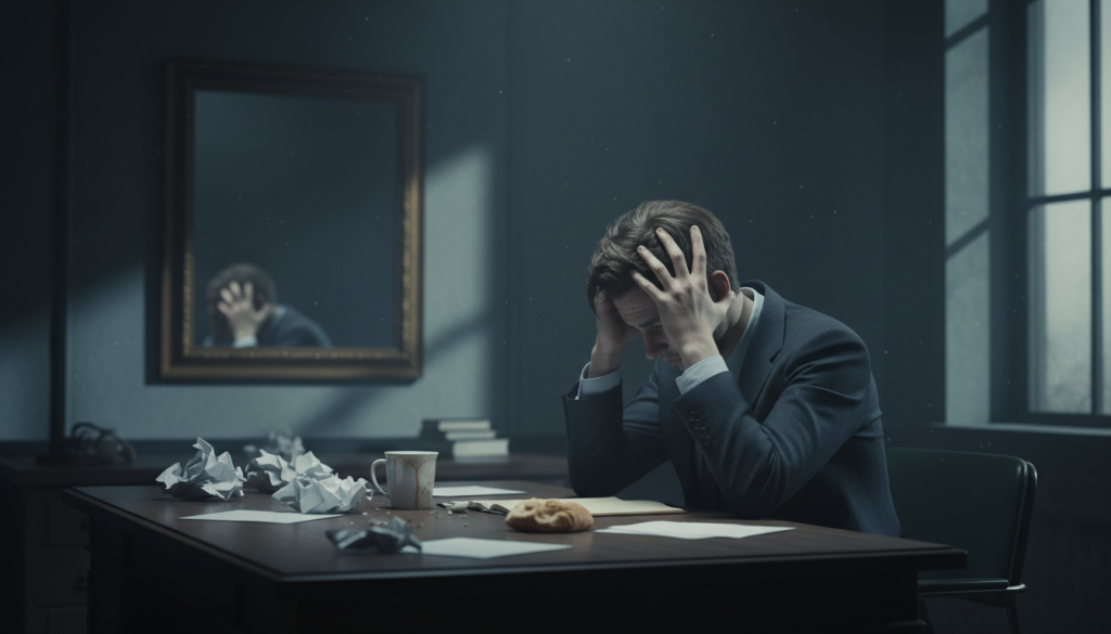 A somber and introspective scene depicting the concept of self-sabotage. In the foreground, a figure dressed in professional business attire, with a distressed expression, sits at a desk cluttered with crumpled papers and an unmade coffee cup, symbolizing disorganization. The middle ground features a mirror reflecting the figure’s face, highlighting feelings of doubt and frustration. In the background, a dimly lit room with shadows, emphasizing a sense of isolation. Use soft, muted lighting to create an atmosphere of melancholy and introspection, with a shallow depth of field to keep the focus on the figure’s expression and the chaotic desk. The overall mood should evoke contemplation and the struggle against self-destructive habits. A somber and introspective scene depicting the concept of self-sabotage. In the foreground, a figure dressed in professional business attire, with a distressed expression, sits at a desk cluttered with crumpled papers and an unmade coffee cup, symbolizing disorganization. The middle ground features a mirror reflecting the figure’s face, highlighting feelings of doubt and frustration. In the background, a dimly lit room with shadows, emphasizing a sense of isolation. Use soft, muted lighting to create an atmosphere of melancholy and introspection, with a shallow depth of field to keep the focus on the figure’s expression and the chaotic desk. The overall mood should evoke contemplation and the struggle against self-destructive habits.