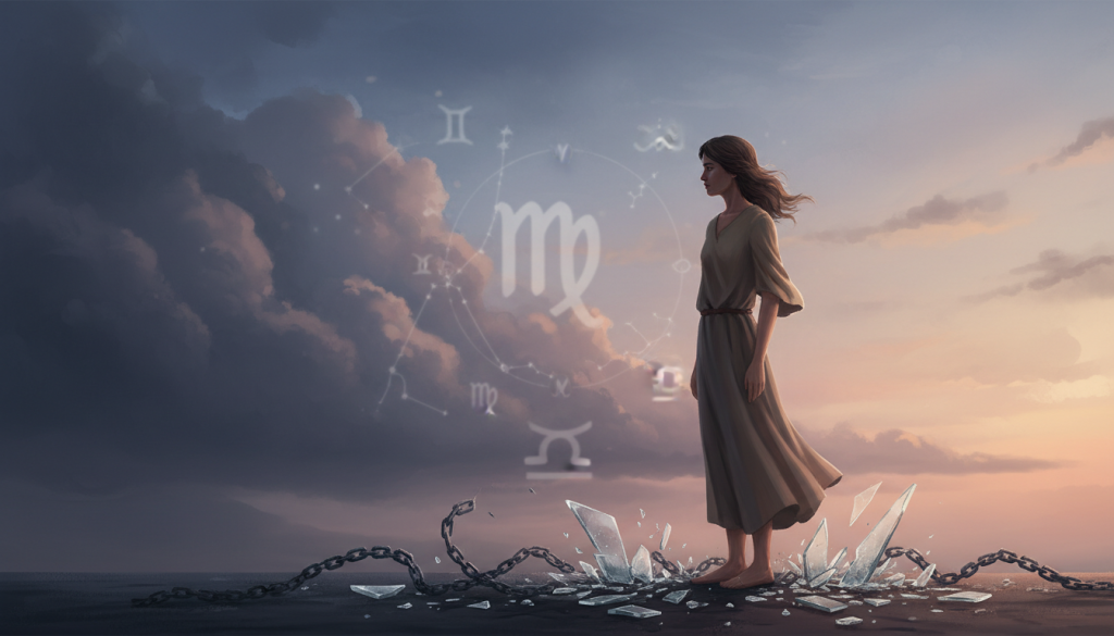 A somber, introspective illustration of the concept of holding grudges, centered around the zodiac sign Virgo. In the foreground, a lone figure stands with an expression of deep contemplation, dressed in modest casual attire, gazing away into the distance. Surrounding them are subtle visual cues like broken chains or shattered glass symbolizing the weight of unforgotten feelings. In the middle ground, blurred outlines of astrological symbols subtly emerge, hinting at the Virgo identity. The background features a twilight sky, reflecting a mixture of dark clouds and tinges of light, conveying a moody yet hopeful atmosphere. Use a soft focus lens effect, highlighting the figure while creating a gradient of colors that shift from cooler tones to warmer hues, symbolizing the internal conflict of forgiveness versus resentment.