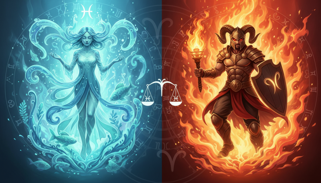 A split image showcasing emotional intensity comparisons among zodiac signs. On the left, depict an artistically rendered representation of Pisces, characterized by soft blue and green hues, surrounded by flowing water and ethereal fish, symbolizing deep emotions and sensitivity. On the right, illustrate a contrasting zodiac sign, such as Aries, with vibrant reds and oranges, featuring flames and bold figures to signify passion and assertiveness. Use dramatic lighting to enhance the emotional atmosphere, casting deep shadows and illuminating key features. The background should be abstract, incorporating zodiac symbols in a subtle pattern, blending into the two halves while maintaining focus on the zodiac representations. The overall mood should evoke a sense of contemplation and intensity, inviting the viewer to reflect on the emotional scales of each sign.