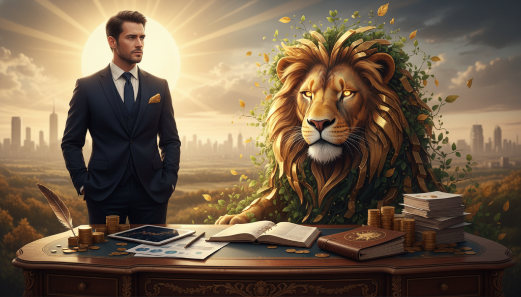 A striking image that embodies the essence of the Leo zodiac sign, focusing on themes of abundance and financial strategy. In the foreground, depict a confident individual dressed in smart business attire, symbolizing leadership and prosperity. They stand thoughtfully over a large, ornate desk filled with financial documents, gold coins, and a celestial-themed planner. In the middle ground, show a vibrant lion's head symbolizing strength and courage, subtly integrated with elements representing growth, such as flourishing plants or gold bars. The background features a warm, glowing sun radiating light, casting an optimistic atmosphere. Use soft, natural lighting to create a harmonious feel, as if the scene is infused with the energy of a prosperous future. A striking image that embodies the essence of the Leo zodiac sign, focusing on themes of abundance and financial strategy. In the foreground, depict a confident individual dressed in smart business attire, symbolizing leadership and prosperity. They stand thoughtfully over a large, ornate desk filled with financial documents, gold coins, and a celestial-themed planner. In the middle ground, show a vibrant lion's head symbolizing strength and courage, subtly integrated with elements representing growth, such as flourishing plants or gold bars. The background features a warm, glowing sun radiating light, casting an optimistic atmosphere. Use soft, natural lighting to create a harmonious feel, as if the scene is infused with the energy of a prosperous future.