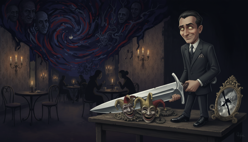 A stylized interpretation of dark humor in a surreal setting. In the foreground, a sharply dressed figure with a mischievous grin stands confidently, holding a comically oversized dagger that symbolizes sharp wit. The individual is gazing at an assortment of whimsical, twisted objects representing humor—such as a jester's hat and a cracked mirror—surrounded by shadows. In the middle ground, a dimly lit café ambiance captures an air of intrigue, with soft, flickering candlelight casting playful shadows on the walls. The background features abstract, swirling shapes, hinting at a deeper emotional turmoil, creating an unsettling but thought-provoking atmosphere. The lighting should be low-key, highlighting the figure's expression while maintaining a mysterious vibe. Aim for a cinematic angle that emphasizes the juxtaposition of humor and darkness, evoking a poignant sense of irony.