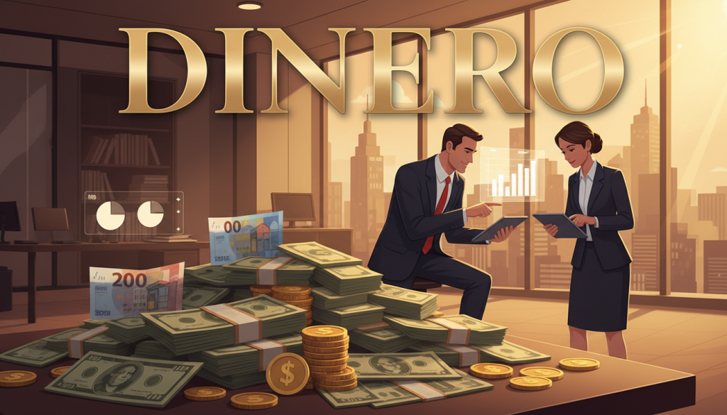 A stylized representation of "dinero" in a sophisticated and visually engaging manner. In the foreground, a neatly arranged stack of various currencies, including dollar bills, euro notes, and gold coins, symbolizes wealth and finance. In the middle, a pair of modern business professionals, a man and a woman, dressed in professional business attire, are discussing finances, with charts and graphs on their digital devices. The background features a sleek office environment with a large window showing a city skyline bathed in warm, golden sunlight, creating a warm and inviting atmosphere. The lighting highlights the textures of the currency and adds depth to the scene, creating a sense of prosperity and collaboration in financial matters. A stylized representation of "dinero" in a sophisticated and visually engaging manner. In the foreground, a neatly arranged stack of various currencies, including dollar bills, euro notes, and gold coins, symbolizes wealth and finance. In the middle, a pair of modern business professionals, a man and a woman, dressed in professional business attire, are discussing finances, with charts and graphs on their digital devices. The background features a sleek office environment with a large window showing a city skyline bathed in warm, golden sunlight, creating a warm and inviting atmosphere. The lighting highlights the textures of the currency and adds depth to the scene, creating a sense of prosperity and collaboration in financial matters.
