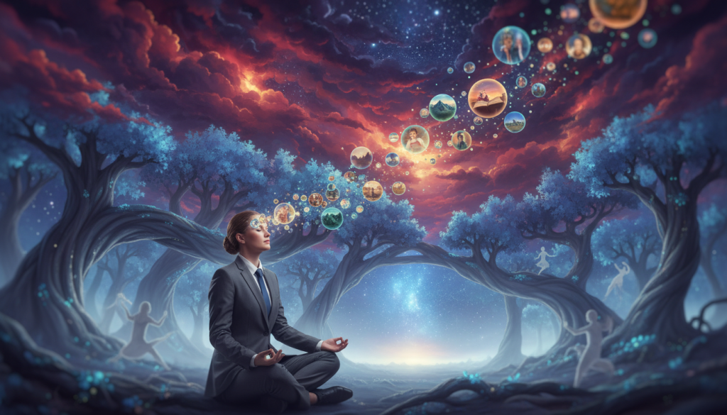 A surreal landscape representing "intensidad experiencias pasadas," with vibrant, swirling clouds of deep purples and fiery oranges in the sky. In the foreground, a serene figure in professional business attire, eyes closed in meditation, experiences a cascade of luminous memories represented as glowing orbs flowing from their mind. In the middle ground, an ethereal forest with ancient trees, their branches entwined, symbolizing the interconnectedness of past lives, while faint whispers of shadowy figures dance among the foliage. The background features a softly illuminated horizon, blending into a starry night sky, inviting contemplation. The atmosphere is charged with a mystical energy, evoking both introspection and a sense of wonder. Use soft, diffused lighting to create a dreamlike quality, with a slight tilt-shift effect to focus on the figure in the foreground.
