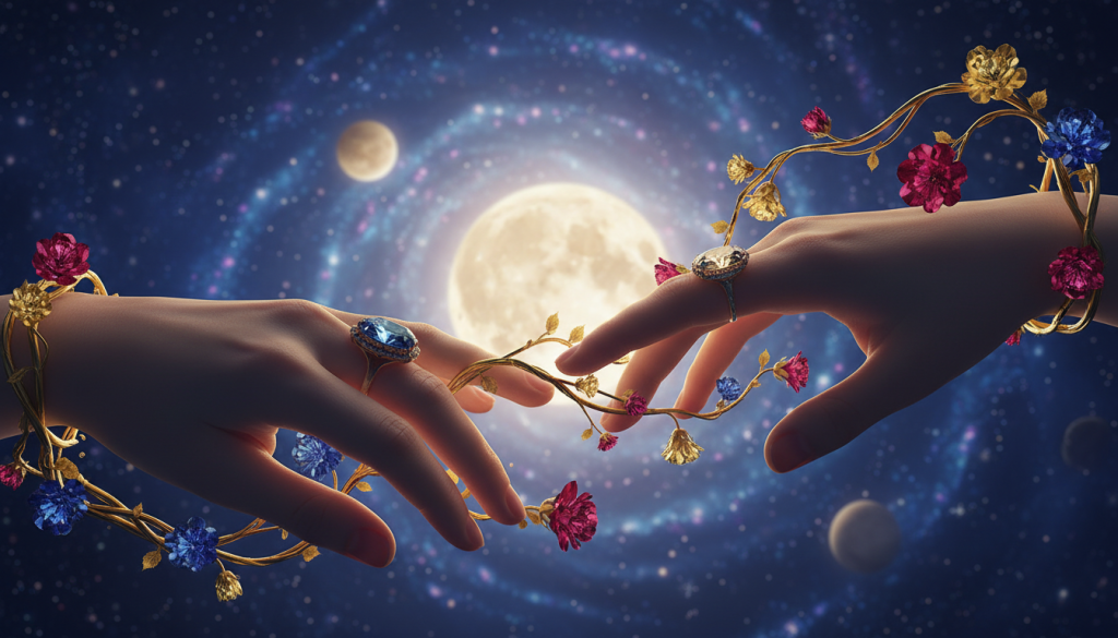 A surreal representation of "conexión," featuring a luminous celestial backdrop where a full moon and Venus shine brightly in a star-studded sky. In the foreground, two hands gently reaching towards each other, symbolizing connection and unity, adorned with subtle gemstone rings reflecting soft light. The middle ground showcases intertwining vines with blooming flowers, representing growth and transformation, cast in warm ambient light. The background fades into a soft gradient, blending blue and violet hues, creating a serene atmosphere. The scene should be captured with a shallow depth of field, creating a dreamy effect, emphasizing the hands and elements of nature while softly blurring the celestial background. The mood is tranquil yet emotional, evoking feelings of hope and connection. A surreal representation of "conexión," featuring a luminous celestial backdrop where a full moon and Venus shine brightly in a star-studded sky. In the foreground, two hands gently reaching towards each other, symbolizing connection and unity, adorned with subtle gemstone rings reflecting soft light. The middle ground showcases intertwining vines with blooming flowers, representing growth and transformation, cast in warm ambient light. The background fades into a soft gradient, blending blue and violet hues, creating a serene atmosphere. The scene should be captured with a shallow depth of field, creating a dreamy effect, emphasizing the hands and elements of nature while softly blurring the celestial background. The mood is tranquil yet emotional, evoking feelings of hope and connection.
