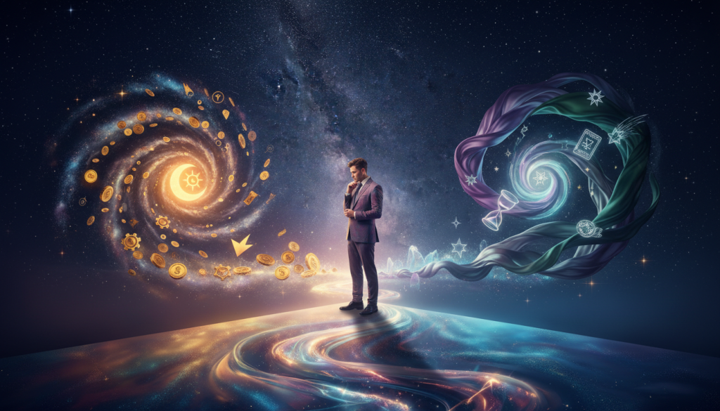 A surreal representation of "poder astral," featuring a person standing thoughtfully at a crossroads, divided by celestial symbols on either side, embodying the dual nature of economic decision-making. In the foreground, the individual, dressed in professional attire, looks contemplative and focused under an ethereal glow. The middle ground showcases shimmering, mystical colors flowing from the celestial symbols, symbolizing the influence of astral energy on financial choices. Wispy clouds of starry nebulae weave through the background, creating a cosmic atmosphere. Soft, ambient lighting enhances the dreamy quality, casting gentle shadows. A wide-angle view captures the vastness of the scene, suggesting the expansive possibilities shaped by astrological forces. The overall mood is one of introspection and wonder, inviting viewers to consider the unseen influences on their financial behavior.