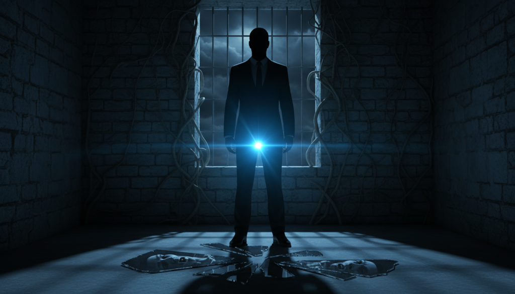 A symbolic representation of betrayal and resentment, featuring a shadowed figure in a professional business attire, standing in a dimly lit room. The foreground reveals a shattered mirror, reflecting fragmented images of the figure's face, conveying a sense of inner turmoil. In the middle, a glowing, ominous deep blue light casts harsh shadows, symbolizing the intensity of emotions associated with grudges. The background depicts twisted vines creeping up the walls, intertwining with dark, stormy clouds visible through a barred window, representing entrapment and the weight of unresolved feelings. The overall atmosphere is tense and moody, capturing the psychological depth behind zodiacal resentment, with a focus on the contrast between light and shadow to enhance the dramatic effect. A symbolic representation of betrayal and resentment, featuring a shadowed figure in a professional business attire, standing in a dimly lit room. The foreground reveals a shattered mirror, reflecting fragmented images of the figure's face, conveying a sense of inner turmoil. In the middle, a glowing, ominous deep blue light casts harsh shadows, symbolizing the intensity of emotions associated with grudges. The background depicts twisted vines creeping up the walls, intertwining with dark, stormy clouds visible through a barred window, representing entrapment and the weight of unresolved feelings. The overall atmosphere is tense and moody, capturing the psychological depth behind zodiacal resentment, with a focus on the contrast between light and shadow to enhance the dramatic effect.