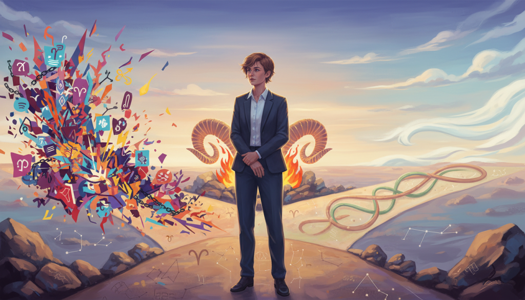 A symbolic representation of the concept "errores al amar" featuring a person embodying the Aries spirit, standing at a crossroads of emotional decisions. In the foreground, a thoughtful individual in professional business attire, gazing contemplatively at two diverging paths. Each path is illustrated with distinct visuals: one path filled with vibrant, chaotic colors, signifying misunderstandings and conflicts; the other, more serene, depicting clear skies and harmonious connections. In the middle ground, hints of zodiac symbols and flames subtly integrated, representing Aries’ passionate nature. The background features a twilight sky, casting warm, golden light that evokes a mix of hope and reflection. The overall mood is introspective and contemplative, focusing on the complexities of love related to Aries, capturing both the warmth and challenges of affection.