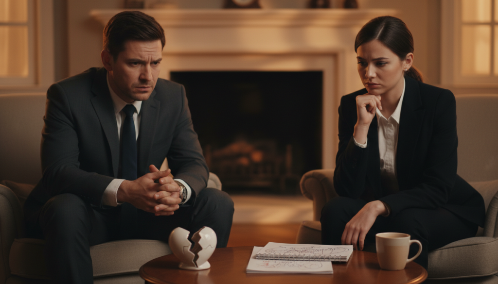 A tense and emotionally charged scene set in a cozy, intimate living room. In the foreground, a couple appears to be having a serious conversation, both dressed in professional business attire. The man looks concerned, with furrowed brows, while the woman shows a mix of disappointment and contemplation. In the middle ground, a coffee table is cluttered with signs of stress: a broken heart figurine, an open notebook with scribbled notes, and a half-empty cup of coffee. The background features warm, soft lighting with shadows that create a sense of uncertainty and tension. The atmosphere is thick with emotion, conveying the theme of warning signs in a stable relationship. The composition should emphasize the couple's interaction, highlighting their body language and expressions, without any distractions.
