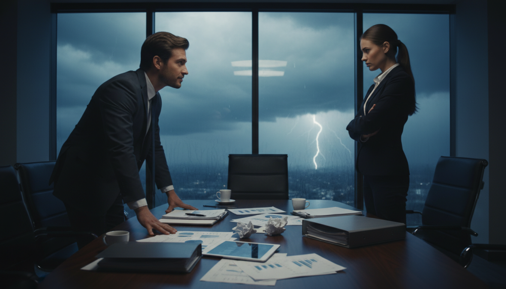 A tense boardroom setting illuminated by soft, dramatic lighting. In the foreground, two professionals in business attire, a man and a woman, face each other intensely, their postures reflecting a struggle for dominance. The man leans slightly forward with a confident, assertive expression, while the woman stands firm, arms crossed, with a determined gaze. In the middle ground, a sleek conference table separates them, scattered with papers and documents indicating a negotiation. In the background, a large window reveals a stormy sky, symbolizing underlying conflict and turmoil. The mood is charged with suspense and urgency, capturing the essence of power dynamics and the need to be right. The image should evoke both tension and determination, presented in a realistic style.