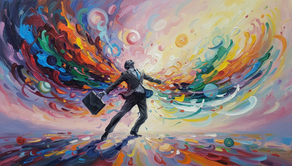 A vibrant, abstract representation of emotional intensity, featuring a vivid spectrum of colors swirling together, embodying the clash of feelings. In the foreground, an abstract form of a figure, clad in professional business attire, displays an expressive pose, conveying a sense of struggle and transformation. The middle ground flows with dynamic shapes and patterns that symbolize chaos and clarity merging, highlighting the process of managing emotional responses. The background consists of soft, blurred hues creating a dreamlike atmosphere, with beams of warm light illuminating the scene, casting intriguing shadows. The overall mood is one of hope and resolution, capturing the essence of transforming intense emotions into positive energy, shot from a slightly elevated angle for depth and perspective. A vibrant, abstract representation of emotional intensity, featuring a vivid spectrum of colors swirling together, embodying the clash of feelings. In the foreground, an abstract form of a figure, clad in professional business attire, displays an expressive pose, conveying a sense of struggle and transformation. The middle ground flows with dynamic shapes and patterns that symbolize chaos and clarity merging, highlighting the process of managing emotional responses. The background consists of soft, blurred hues creating a dreamlike atmosphere, with beams of warm light illuminating the scene, casting intriguing shadows. The overall mood is one of hope and resolution, capturing the essence of transforming intense emotions into positive energy, shot from a slightly elevated angle for depth and perspective.
