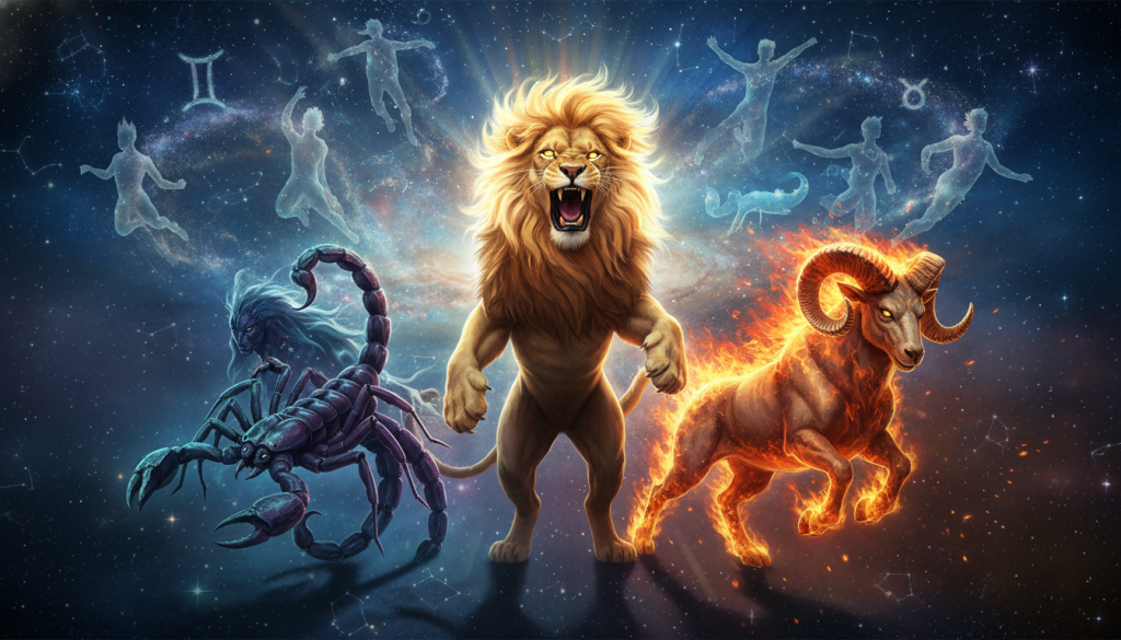 A vibrant and dramatic portrayal of zodiac signs symbolizing the competition for drama, featuring bold representations of Leo, Scorpio, and Aries in a dynamic composition. In the foreground, Leo stands in a fierce pose, showcasing a majestic mane that radiates golden light, exuding confidence and intensity. Scorpio, with deep, mysterious colors, stands to the side, with an air of intrigue, while Aries charges forward with fiery energy, representing ambition. The middle ground captures ethereal representations of other zodiac signs, subtly blending into a celestial background filled with twinkling stars and cosmic elements. The lighting should evoke a tension-filled atmosphere, with contrasting shadows and highlights to enhance the emotional depth of the scene. The angle should be slightly elevated, providing a dramatic vantage point that draws the viewer into the celestial drama unfolding.