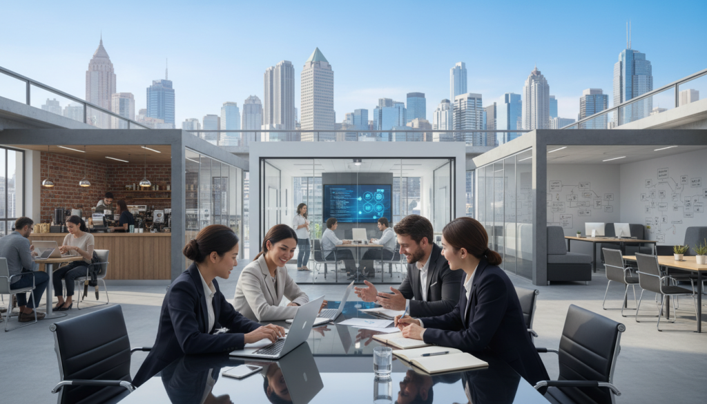 A vibrant and dynamic entrepreneurial ecosystem, showcasing a diverse group of professionals engaged in collaboration. In the foreground, a diverse trio of individuals in smart business attire are brainstorming ideas around a modern table filled with digital devices and notepads, reflecting innovation and teamwork. In the middle, representations of various businesses such as a coffee shop, tech startup, and co-working space create a sense of community and progress. In the background, a skyline of a bustling city symbolizes growth and opportunity under a bright, sunny atmosphere with clear blue skies. The overall mood is optimistic and driven, suggesting a thriving environment for entrepreneurs. Soft, natural lighting enhances the welcoming setting, captured with a wide-angle lens to convey depth and inclusivity in the scene. A vibrant and dynamic entrepreneurial ecosystem, showcasing a diverse group of professionals engaged in collaboration. In the foreground, a diverse trio of individuals in smart business attire are brainstorming ideas around a modern table filled with digital devices and notepads, reflecting innovation and teamwork. In the middle, representations of various businesses such as a coffee shop, tech startup, and co-working space create a sense of community and progress. In the background, a skyline of a bustling city symbolizes growth and opportunity under a bright, sunny atmosphere with clear blue skies. The overall mood is optimistic and driven, suggesting a thriving environment for entrepreneurs. Soft, natural lighting enhances the welcoming setting, captured with a wide-angle lens to convey depth and inclusivity in the scene.