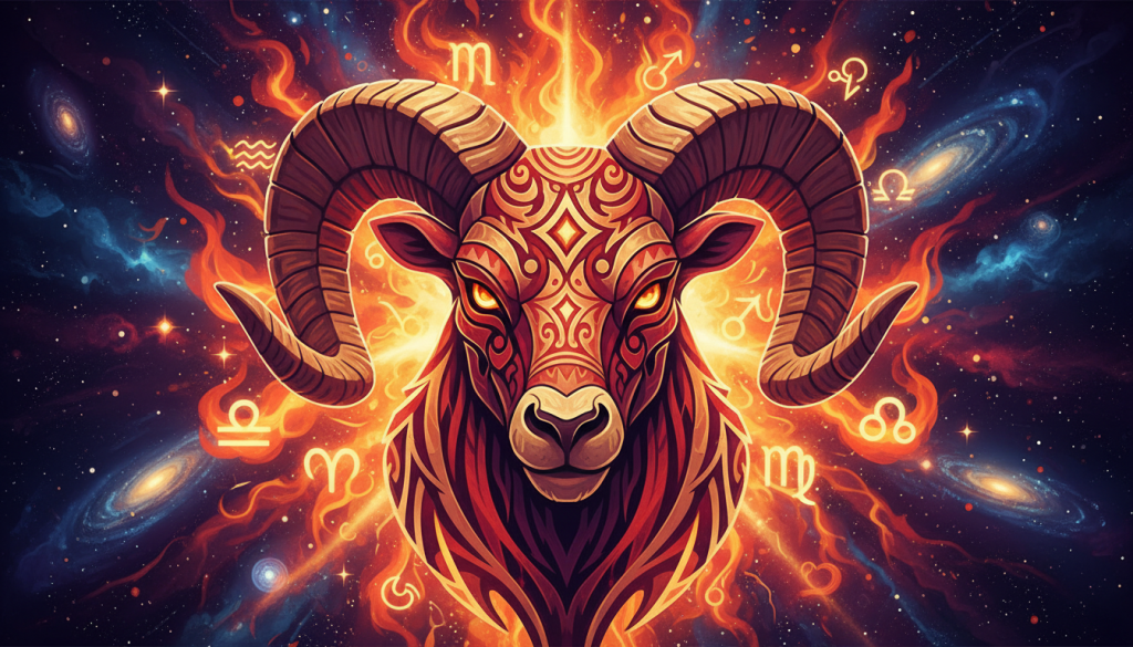 A vibrant and dynamic illustration showcasing the defining characteristics of Aries, portrayed through an abstract representation of fire and cosmic elements. In the foreground, a bold ram's head emerges, adorned with intricate tribal patterns, symbolizing strength and determination. The middle layer features swirling flames and astrological symbols, embodying passion and assertiveness. In the background, a starry night sky blends seamlessly with hints of galaxies, creating an otherworldly atmosphere. The lighting is warm and radiant, casting a golden glow over the ram, highlighting its fierce gaze. The composition uses a wide-angle perspective to evoke a sense of grandeur and energy, emphasizing the lively and adventurous spirit of Aries. The overall mood is energetic and empowering, capturing the essence of this zodiac sign's personality traits.