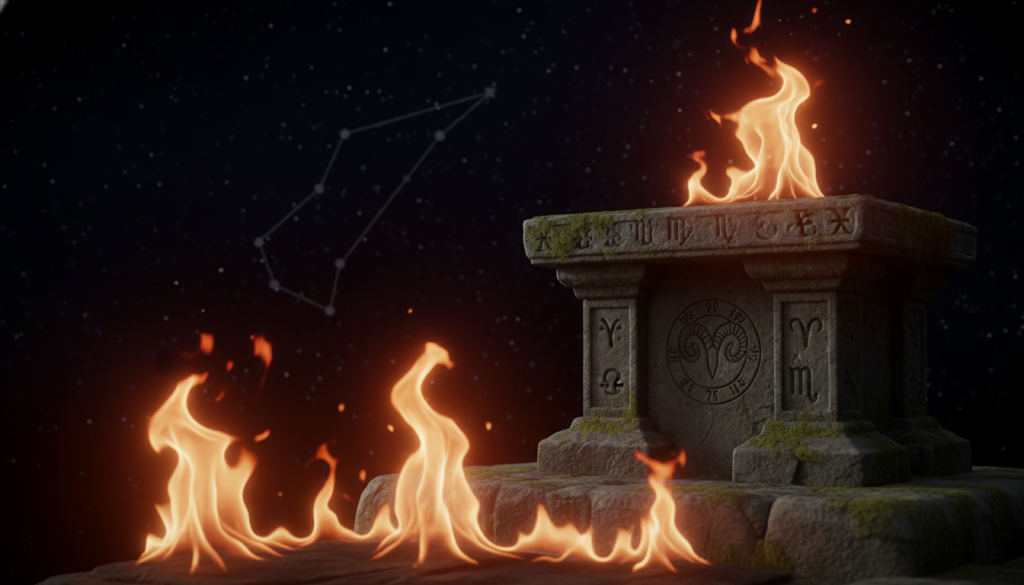 A vibrant and dynamic portrayal of "fuego" symbolizing the essence of fire and the spiritual purpose of Aries. In the foreground, lively flames dance and shimmer, their colors transitioning from deep orange to bright yellow, creating a sense of energy and vitality. In the middle, the fire rises from an ancient stone altar, adorned with astrological symbols, capturing the connection between the elemental force and spirituality. The background features a night sky filled with stars and a faint image of the Aries constellation, enhancing the mystical atmosphere. Soft lighting illuminates the scene, casting flickering shadows that evoke a sense of warmth and passionate energy. The overall mood is one of inspiration and introspection, inviting the viewer to explore their inner fire and purpose.