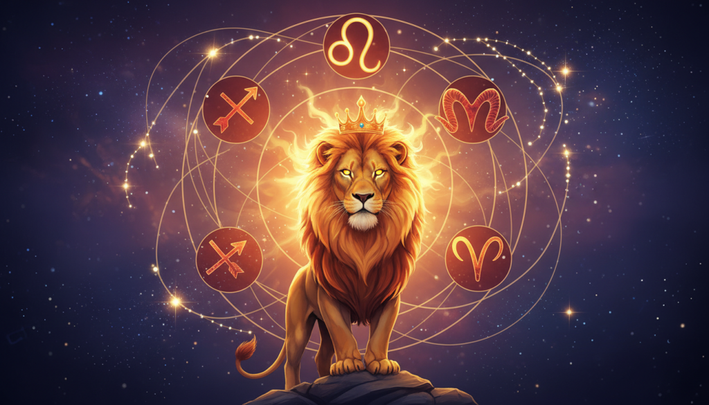 A vibrant and harmonious illustration of zodiac sign compatibility featuring Leo at the center, surrounded by symbols of compatible signs such as Sagittarius and Aries, represented with warm, fiery colors. In the foreground, a majestic Leo lion symbolizing ambition and strength, adorned with a glowing golden mane, gazes confidently forward. In the middle, intertwining constellations of the compatible signs radiate soft light, showcasing their connections. The background depicts a starry night sky with a subtle gradient from deep indigo to twilight purple, creating a mystical atmosphere. The lighting should be dramatic, highlighting the Leo lion's features and the shimmering stars, evoking a sense of wonder and cosmic intrigue. The scene should feel uplifting and inspiring, focusing on unity and the celestial bond between these signs. A vibrant and harmonious illustration of zodiac sign compatibility featuring Leo at the center, surrounded by symbols of compatible signs such as Sagittarius and Aries, represented with warm, fiery colors. In the foreground, a majestic Leo lion symbolizing ambition and strength, adorned with a glowing golden mane, gazes confidently forward. In the middle, intertwining constellations of the compatible signs radiate soft light, showcasing their connections. The background depicts a starry night sky with a subtle gradient from deep indigo to twilight purple, creating a mystical atmosphere. The lighting should be dramatic, highlighting the Leo lion's features and the shimmering stars, evoking a sense of wonder and cosmic intrigue. The scene should feel uplifting and inspiring, focusing on unity and the celestial bond between these signs.