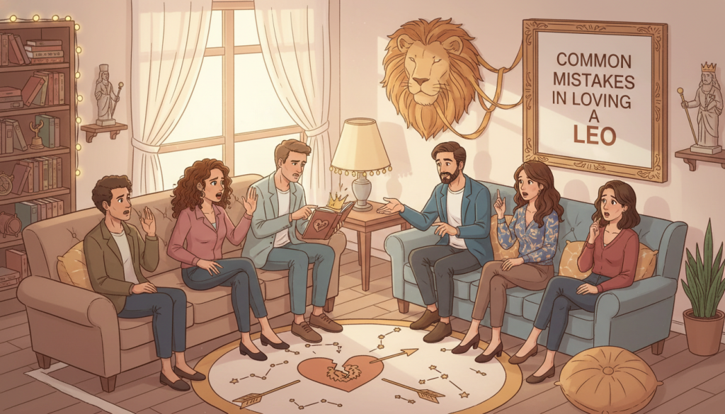A vibrant and illustrative scene capturing the theme of "common mistakes in loving a Leo." In the foreground, depict a diverse group of people gathered in a cozy, inviting living room, each showcasing different expressions of confusion and realization. Their attire should be professional yet casual, reflecting a relatable atmosphere. The middle ground features subtle symbols of love and astrology, such as hearts and a lion, delicately integrated into the decor. In the background, soft, warm lighting casts a glow, enhancing the feeling of intimacy and reflection. The angle should evoke a sense of inclusiveness, inviting the viewer to ponder the complexities of loving a Leo, while maintaining a harmonious and engaging mood. A vibrant and illustrative scene capturing the theme of "common mistakes in loving a Leo." In the foreground, depict a diverse group of people gathered in a cozy, inviting living room, each showcasing different expressions of confusion and realization. Their attire should be professional yet casual, reflecting a relatable atmosphere. The middle ground features subtle symbols of love and astrology, such as hearts and a lion, delicately integrated into the decor. In the background, soft, warm lighting casts a glow, enhancing the feeling of intimacy and reflection. The angle should evoke a sense of inclusiveness, inviting the viewer to ponder the complexities of loving a Leo, while maintaining a harmonious and engaging mood.