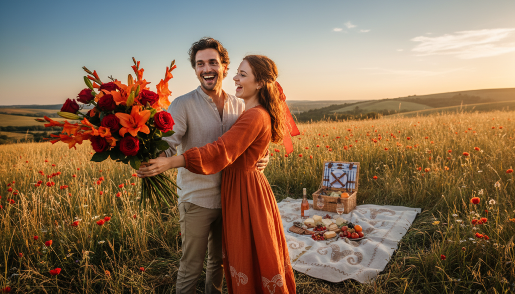 A vibrant and warm scene depicting a romantic setting inspired by Aries, showcasing the essence of love language tailored for this zodiac sign. In the foreground, a couple shares a joyful moment, surrounded by nature; the man presents a bright bouquet of red and orange flowers, symbolizing passion and enthusiasm. The woman, wearing a modest yet elegant dress, beams with happiness as she receives the bouquet. In the middle ground, a sunlit picnic area with a cozy blanket and a picnic basket contrasts with the vivid colors of the flowers. The background features soft, rolling hills under a clear blue sky, emphasizing a serene atmosphere. Natural lighting casts a golden glow, enhancing the affectionate mood. Use a wide-angle perspective to capture the warmth of the moment.