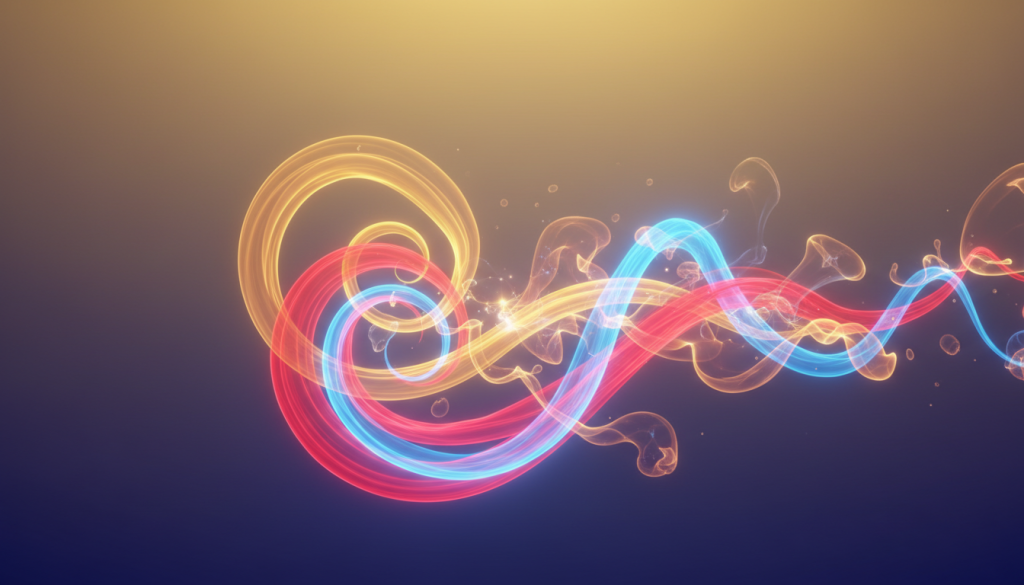 A vibrant depiction of "energía" personified in abstract form, with dynamic swirling colors like fiery reds, electric blues, and bright yellows intermingling in the foreground. The middle ground features radiant light bursts and ethereal shapes that suggest motion and amplification, symbolizing the increase of intention and desire. In the background, a soft gradient transitions from deep, serene indigos to warm golden hues, representing calm focus and clear goals. The scene is bathed in ethereal, soft lighting reminiscent of dawn, accentuating a sense of awakening and potential. The overall atmosphere is uplifting and empowering, inviting viewers to feel charged with energy and vitality. The composition is balanced, ensuring that the energy flows naturally throughout the scene, creating a harmonious vision of motivation and desire.