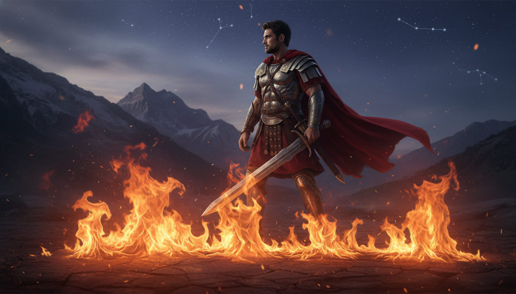 A vibrant depiction of "fuego," symbolizing the fiery essence of Aries, prominently in the foreground. The flames dance dynamically, casting a warm, flickering glow. In the middle ground, a heroic figure stands tall, dressed in a flowing, ancient warrior's attire, looking determinedly towards a distant horizon, embodying the journey of the hero. The background features a rugged, mountainous landscape under a twilight sky, with stars beginning to twinkle above, hinting at mythological roots. Use dramatic, warm lighting to enhance the fire's intensity, while soft shadows create depth. Capture the scene with a low-angle perspective to emphasize the figure's bravery and the grandeur of the flames, evoking an atmosphere of inspiration and adventure.