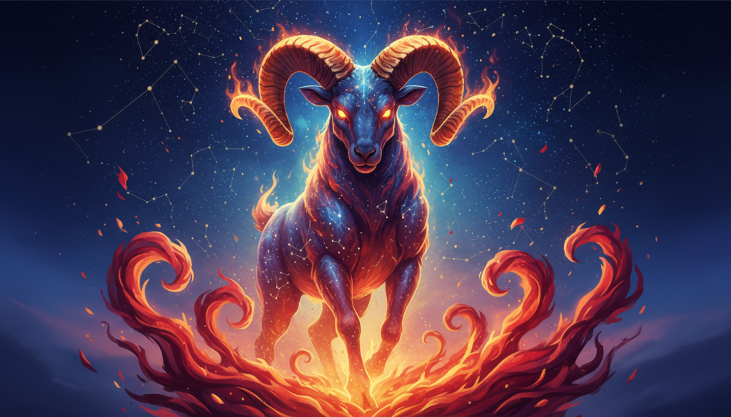 A vibrant, dynamic illustration symbolizing "fuego," capturing the essence of Aries in karmic astrology. In the foreground, flames flicker and dance, embodying passion and energy, merging shades of fiery red and orange. The middle ground features a celestial ram, representing Aries, its horns adorned with glowing embers, set against a cosmic backdrop filled with constellations and stars. The background showcases a twilight sky, transitioning from deep blue to indigo, enhancing the dramatic lighting and mood. The scene is illuminated by a warm, ethereal glow, creating an atmosphere of intensity and transformation. The composition should have a slight tilt to convey movement, reflecting the assertive and pioneering spirit of Aries. No text or watermarks included.