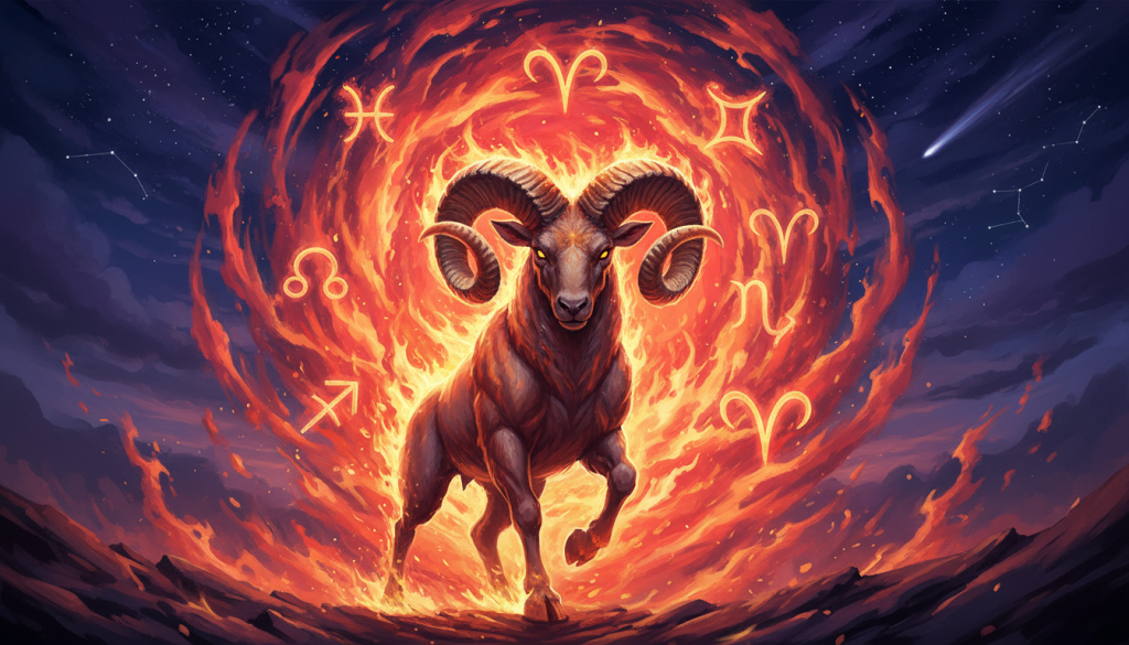 A vibrant, dynamic scene showcasing the astrological sign of Aries symbolizing impulsivity. In the foreground, a fierce ram with striking, bold horns is charging forward, illustrating the essence of impetuous behavior. The middle ground features a swirling mix of red and orange flames, representing passion and intensity, while astrological symbols subtly intertwine with the flames. The background exhibits a twilight sky with stars twinkling, hinting at the mystique of the zodiac. The overall lighting is dramatic, with a warm glow illuminating the ram and contrasting with the cooler colors of the evening sky. The mood is intense and energetic, evoking the fire sign's impulsive nature, while still maintaining an artistic, professional tone. A vibrant, dynamic scene showcasing the astrological sign of Aries symbolizing impulsivity. In the foreground, a fierce ram with striking, bold horns is charging forward, illustrating the essence of impetuous behavior. The middle ground features a swirling mix of red and orange flames, representing passion and intensity, while astrological symbols subtly intertwine with the flames. The background exhibits a twilight sky with stars twinkling, hinting at the mystique of the zodiac. The overall lighting is dramatic, with a warm glow illuminating the ram and contrasting with the cooler colors of the evening sky. The mood is intense and energetic, evoking the fire sign's impulsive nature, while still maintaining an artistic, professional tone.