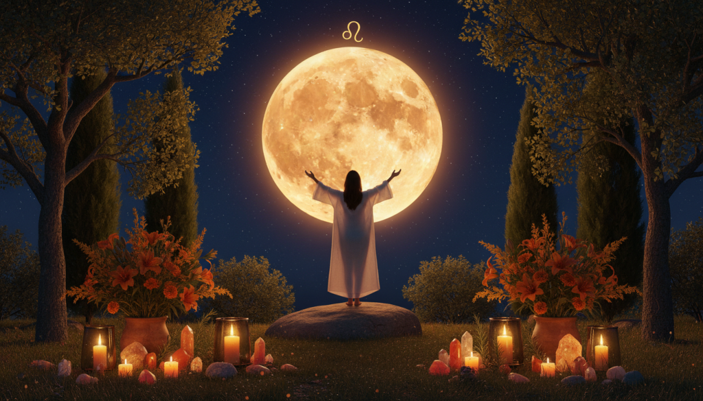 A vibrant full moon in the sign of Leo dominates the night sky, casting a warm golden glow over a serene outdoor setting. In the foreground, a beautifully arranged altar features candles, crystals, and fresh flowers in shades of orange and gold, symbolizing Leo's energy. Soft, shimmering light reflects off the crystals, creating a magical ambiance. The middle ground reveals a person in modest, flowing garments, arms raised in a peaceful gesture of connection to the moon, embodying balance and intention. Surrounding trees frame the scene, while twinkling stars fill the deep blue sky above. The atmosphere is tranquil yet empowering, resonating with the essence of Leo's dynamic energy and the ritual of preparation. The image captures a moment of spiritual awakening and readiness, illuminated by the moon's reflective light.