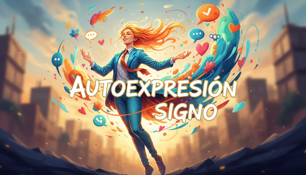 A vibrant illustration of "autoexpresión signo," depicting a whimsical yet elegant representation of self-expression. In the foreground, a radiant figure embodies creativity and drama, dressed in a flowing business attire of bright colors, with expressive hand gestures that convey passion and intensity. In the middle ground, abstract shapes and symbols swirl around the figure, symbolizing emotional connections and the influence of self-expression in relationships. The background features a softly blurred cityscape at sunset, casting warm golden light and deep shadows, enhancing the emotional depth. The lens captures a dynamic angle, creating a sense of movement and energy. The overall atmosphere is uplifting and inspiring, highlighting the transformative power of personal expression in interpersonal dynamics.