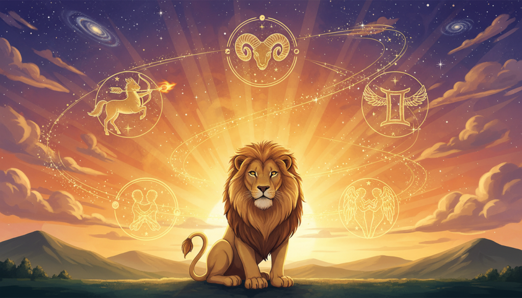 A vibrant illustration of the astrological signs that harmonize with Leo’s fiery energy. In the foreground, depict a majestic Lion representing Leo, surrounded by symbols of complementary signs such as Sagittarius, Aries, and Gemini. Each sign should be artistically integrated with celestial motifs, like stars and constellations. In the middle ground, create a sunset sky filled with warm hues of orange, gold, and purple, symbolizing Leo's charismatic and passionate nature. The background should feature a dreamy landscape with rolling hills and twinkling stars. Utilize soft, ambient lighting to enhance a mystical atmosphere that reflects connection and balance among the signs. Capture this scene with a gentle focus, as if viewed through a wide-angle lens, conveying a sense of unity and harmony. A vibrant illustration of the astrological signs that harmonize with Leo’s fiery energy. In the foreground, depict a majestic Lion representing Leo, surrounded by symbols of complementary signs such as Sagittarius, Aries, and Gemini. Each sign should be artistically integrated with celestial motifs, like stars and constellations. In the middle ground, create a sunset sky filled with warm hues of orange, gold, and purple, symbolizing Leo's charismatic and passionate nature. The background should feature a dreamy landscape with rolling hills and twinkling stars. Utilize soft, ambient lighting to enhance a mystical atmosphere that reflects connection and balance among the signs. Capture this scene with a gentle focus, as if viewed through a wide-angle lens, conveying a sense of unity and harmony.