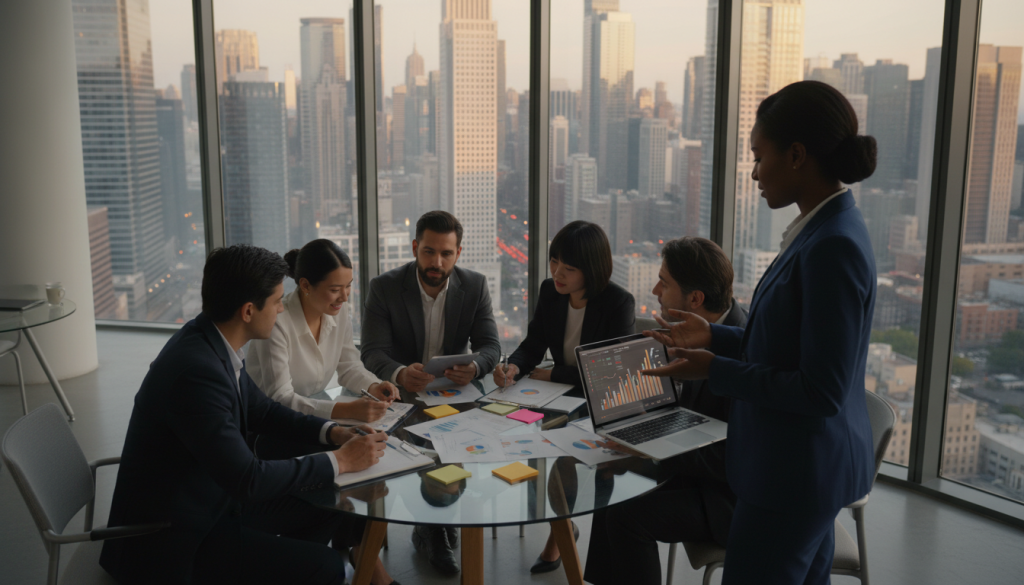 A vibrant, inspiring scene depicting a diverse group of professionals in a modern office setting, focused on financial growth strategies. In the foreground, a confident, black female financial advisor in a tailored suit, pointing at a digital graph on a sleek laptop. In the middle ground, a multicultural team of businesspeople, including a Hispanic man and an Asian woman, engaged in brainstorming over financial documents and charts, all showcasing a collaborative atmosphere. The background features a large window with a view of a bustling city skyline, symbolizing prosperity and opportunity. Soft, warm lighting casts a positive glow, creating a sense of hope and ambition. The perspective is slightly elevated, capturing the dynamism of the scene without distractions. A vibrant, inspiring scene depicting a diverse group of professionals in a modern office setting, focused on financial growth strategies. In the foreground, a confident, black female financial advisor in a tailored suit, pointing at a digital graph on a sleek laptop. In the middle ground, a multicultural team of businesspeople, including a Hispanic man and an Asian woman, engaged in brainstorming over financial documents and charts, all showcasing a collaborative atmosphere. The background features a large window with a view of a bustling city skyline, symbolizing prosperity and opportunity. Soft, warm lighting casts a positive glow, creating a sense of hope and ambition. The perspective is slightly elevated, capturing the dynamism of the scene without distractions.