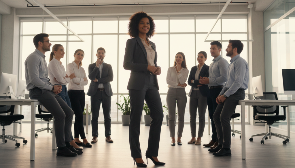 A vibrant scene in a modern office environment where a confident person stands at the center, exuding charisma and charm. They are wearing professional business attire, striking a pose that captures attention. Surrounding them, colleagues are engaged in discussions, displaying a mixture of admiration and curiosity, their expressions reflecting intrigue and respect. In the background, large windows let in soft natural light, casting a warm glow over the room. The furniture is sleek and contemporary, enhancing the atmosphere of professionalism. The camera angle is slightly low, emphasizing the central figure and their commanding presence, while the overall mood is lively and dynamic, representing the necessity of being the focus in a collaborative setting. A vibrant scene in a modern office environment where a confident person stands at the center, exuding charisma and charm. They are wearing professional business attire, striking a pose that captures attention. Surrounding them, colleagues are engaged in discussions, displaying a mixture of admiration and curiosity, their expressions reflecting intrigue and respect. In the background, large windows let in soft natural light, casting a warm glow over the room. The furniture is sleek and contemporary, enhancing the atmosphere of professionalism. The camera angle is slightly low, emphasizing the central figure and their commanding presence, while the overall mood is lively and dynamic, representing the necessity of being the focus in a collaborative setting.