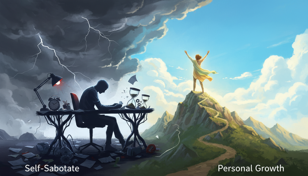 A vibrant, split-scene illustration contrasting self-sabotage and personal growth. In the foreground, a shadowy figure sits hunched over at a cluttered desk, surrounded by crumpled papers and broken clocks, symbolizing frustration and defeat. In contrast, the middle ground features a bright, confident individual standing atop a mountain, arms raised towards the sky, bathed in golden sunlight, representing triumph and self-empowerment. The background transitions from a dark, stormy sky behind the self-sabotage scene to a clear blue sky with fluffy clouds behind the growth scene. Use soft, uplifting lighting for the growth portion and a stark, harsh light for the self-sabotage side. The overall mood should evoke a sense of struggle transitioning to hope and victory. A vibrant, split-scene illustration contrasting self-sabotage and personal growth. In the foreground, a shadowy figure sits hunched over at a cluttered desk, surrounded by crumpled papers and broken clocks, symbolizing frustration and defeat. In contrast, the middle ground features a bright, confident individual standing atop a mountain, arms raised towards the sky, bathed in golden sunlight, representing triumph and self-empowerment. The background transitions from a dark, stormy sky behind the self-sabotage scene to a clear blue sky with fluffy clouds behind the growth scene. Use soft, uplifting lighting for the growth portion and a stark, harsh light for the self-sabotage side. The overall mood should evoke a sense of struggle transitioning to hope and victory.