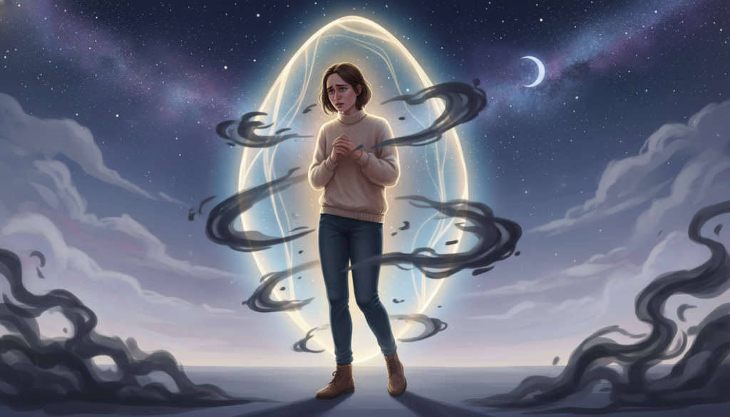 A visually striking illustration depicting the concept of jealousy versus protection, centered on a person characterized as a Virgo. In the foreground, a Virgo figure with thoughtful expression, dressed in modest casual clothing, symbolizing introspection and concern. In the middle ground, an abstract representation of jealousy, shown as dark, swirling mists around their figure, contrasted with a glowing protective aura, symbolizing a guardian presence. In the background, a serene landscape of a starry night sky, evoking a sense of calm and depth. Soft, ethereal lighting illuminates the scene, casting gentle highlights and shadows, creating a contemplative atmosphere. The angle is slightly angled down from above, emphasizing the contrast between the person's emotions and the serene environment surrounding them. A visually striking illustration depicting the concept of jealousy versus protection, centered on a person characterized as a Virgo. In the foreground, a Virgo figure with thoughtful expression, dressed in modest casual clothing, symbolizing introspection and concern. In the middle ground, an abstract representation of jealousy, shown as dark, swirling mists around their figure, contrasted with a glowing protective aura, symbolizing a guardian presence. In the background, a serene landscape of a starry night sky, evoking a sense of calm and depth. Soft, ethereal lighting illuminates the scene, casting gentle highlights and shadows, creating a contemplative atmosphere. The angle is slightly angled down from above, emphasizing the contrast between the person's emotions and the serene environment surrounding them.