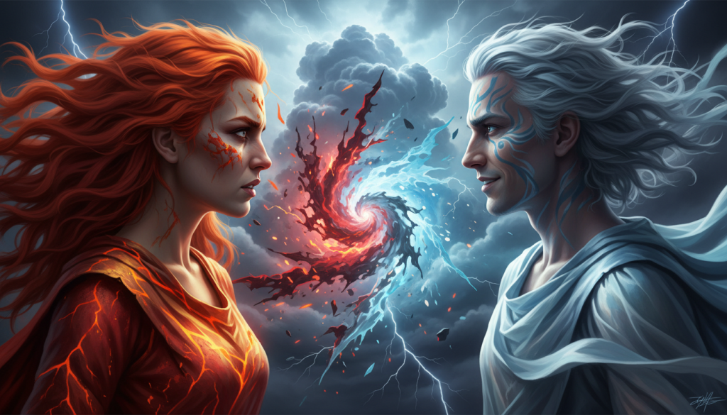 A visually striking representation of "tensión" between two human figures, one embodying the fiery energy of Aries, dressed in dynamic, vibrant hues, and the other representing the airy element, clad in softer, flowing fabrics. In the foreground, show their faces in a close-up profile, illustrating their emotional expressions—frustration and intrigue. In the middle ground, feature an abstract representation of their conflicting elements: fiery reds and oranges clashing with cool blues and whites, symbolizing discord. The background should hint at a stormy sky, with swirling clouds and stark lighting that casts dramatic shadows, enhancing the tension. Use a shallow depth of field to focus on the figures, creating a moody atmosphere that captures the heart of their dynamic relationship. A visually striking representation of "tensión" between two human figures, one embodying the fiery energy of Aries, dressed in dynamic, vibrant hues, and the other representing the airy element, clad in softer, flowing fabrics. In the foreground, show their faces in a close-up profile, illustrating their emotional expressions—frustration and intrigue. In the middle ground, feature an abstract representation of their conflicting elements: fiery reds and oranges clashing with cool blues and whites, symbolizing discord. The background should hint at a stormy sky, with swirling clouds and stark lighting that casts dramatic shadows, enhancing the tension. Use a shallow depth of field to focus on the figures, creating a moody atmosphere that captures the heart of their dynamic relationship.