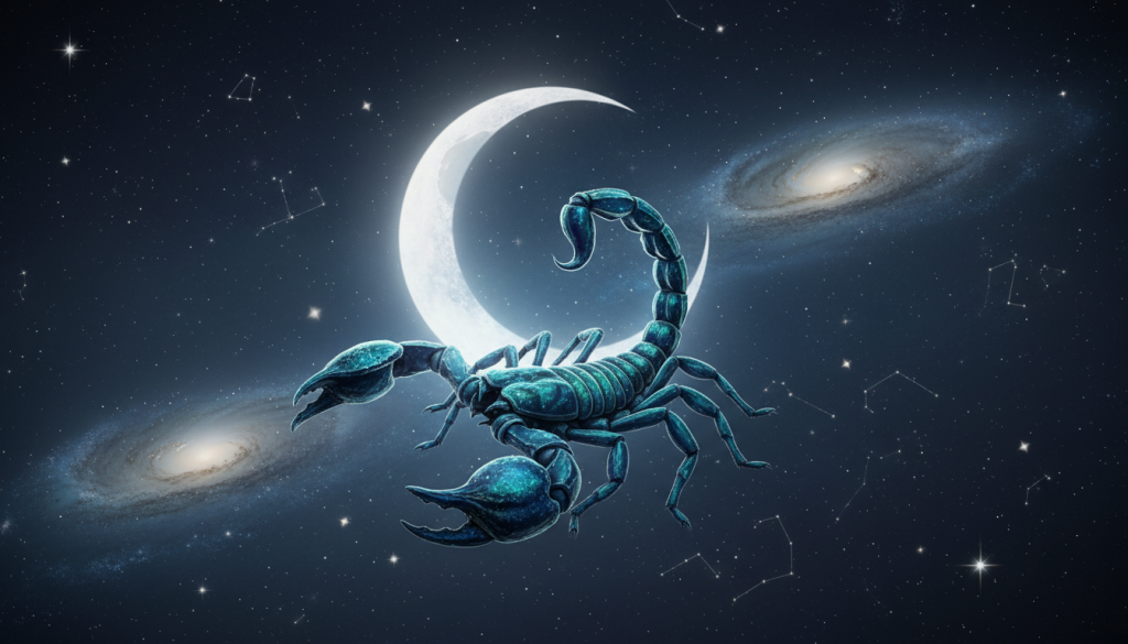 A visually striking scene featuring an intricate astrological depiction of Scorpio, symbolizing intense jealousy. In the foreground, a beautifully detailed scorpion is poised confidently, its pincers raised and tail arched, glittering with shades of deep blue and emerald green. In the middle ground, incorporate celestial elements like twinkling stars and a glowing crescent moon, casting an ethereal light on the scorpion. The background should depict a vast night sky, swirling with galaxies and constellations, creating a sense of depth and wonder. Use soft, moody lighting that emphasizes the intensity of the scorpion, enhancing the atmosphere of intrigue and emotion. The image should evoke a sense of mystery and fascination, perfectly capturing the essence of jealousy associated with Scorpio in astrology.