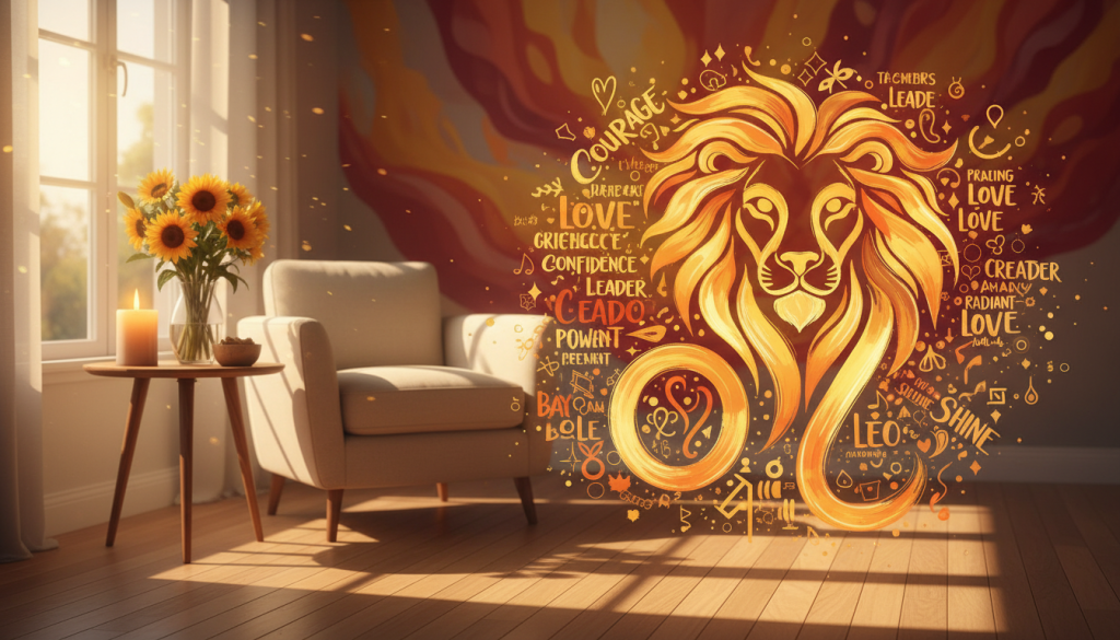 A warm and inviting scene that embodies the power of affirmation for a Leo, featuring a vibrant Leo symbol prominently in the foreground, surrounded by uplifting words and affirmations in various artistic fonts. The middle background includes a cozy, sunlit room with a comfortable chair and a small table adorned with a glowing candle and fresh flowers, creating an atmosphere of love and inspiration. Soft golden light filters through a nearby window, casting warm reflections that enhance the feeling of warmth and positivity. In the background, abstract shapes in fiery hues symbolize Leo's passionate nature. The overall mood is uplifting and empowering, evoking a sense of confidence and love through the imagery of words and warmth. No text or overlays are present. A warm and inviting scene that embodies the power of affirmation for a Leo, featuring a vibrant Leo symbol prominently in the foreground, surrounded by uplifting words and affirmations in various artistic fonts. The middle background includes a cozy, sunlit room with a comfortable chair and a small table adorned with a glowing candle and fresh flowers, creating an atmosphere of love and inspiration. Soft golden light filters through a nearby window, casting warm reflections that enhance the feeling of warmth and positivity. In the background, abstract shapes in fiery hues symbolize Leo's passionate nature. The overall mood is uplifting and empowering, evoking a sense of confidence and love through the imagery of words and warmth. No text or overlays are present.