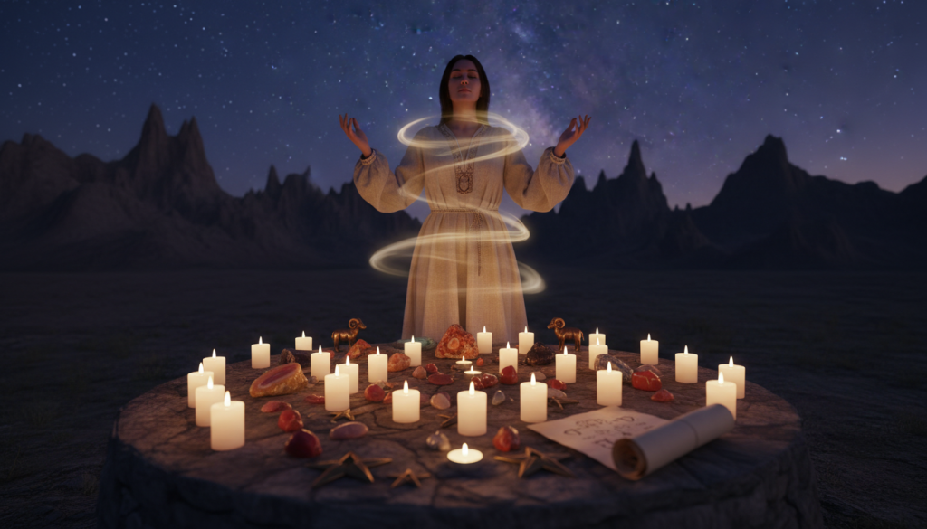 An enchanting scene of a ritual for activating prosperity, set outdoors under a twilight sky. In the foreground, a round stone altar adorned with lit candles, crystals, and symbolic items that reflect Aries, such as rams and stars. The middle ground features a practitioner dressed in modest, flowing attire, engaged in a focused meditative stance, hands raised in intention, surrounded by swirling soft light. The background showcases silhouettes of mountains and scattered twinkling stars against a deep indigo sky, creating an aura of mystery and possibility. Soft glows emanate from the candles, casting warm reflections on the altar, enhancing the tranquil and spiritual atmosphere of the scene, evoking a feeling of hope and abundance. The lighting is soft and ethereal, mimicking the glow of the early evening, with a slightly blurred perspective to add depth and focus on the ritual's energy.