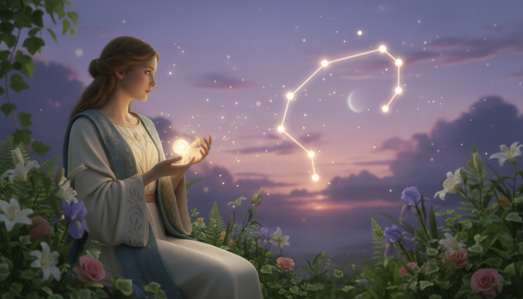 An ethereal representation of the Virgo zodiac sign, embodying its essence in love. In the foreground, a graceful figure representing Virgo, adorned in elegant, modest attire, stands with an introspective expression, surrounded by lush green foliage and delicate flowers to symbolize nurturing qualities. The middle layer features soft, glowing elements like twinkling stars and a glowing outline of the Virgo constellation, adding an enchanting cosmic touch. In the background, a serene twilight sky casts warm hues of lavender and deep blue, suggesting a peaceful yet contemplative atmosphere. Use soft, diffused lighting to enhance the tranquil mood, with a slightly blurred depth of field to bring focus to the figure while maintaining a dreamy ambiance.