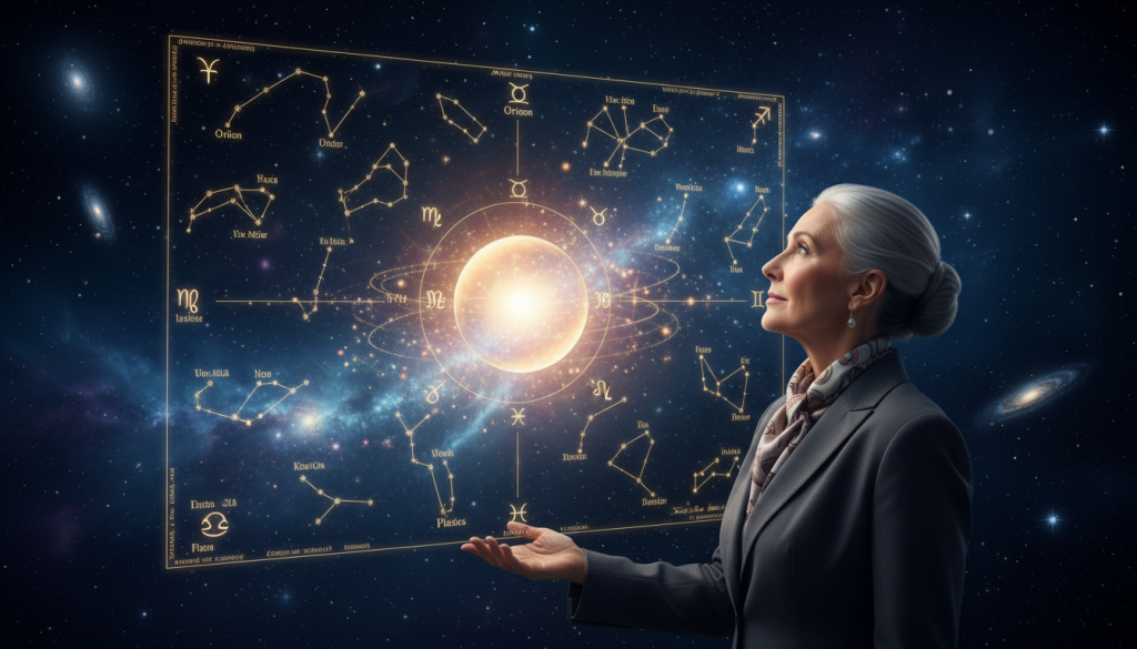 An ethereal scene depicting "confianza astral" with a wise, serene astrologer in the foreground, dressed in professional business attire, gazing at a celestial map filled with constellations and astrological symbols. The middle ground features a softly glowing orb representing enlightenment and trust, surrounded by shimmering stars. In the background, a cosmic landscape filled with deep blues and purples, a nebula swirling gently, enhancing the impression of wisdom and spirituality. The scene is illuminated by a mystical light source, creating a calm and introspective atmosphere. The image should be captured as if viewed through a wide-angle lens, emphasizing the depth and expansiveness of the universe, evoking a sense of wonder and reassurance.