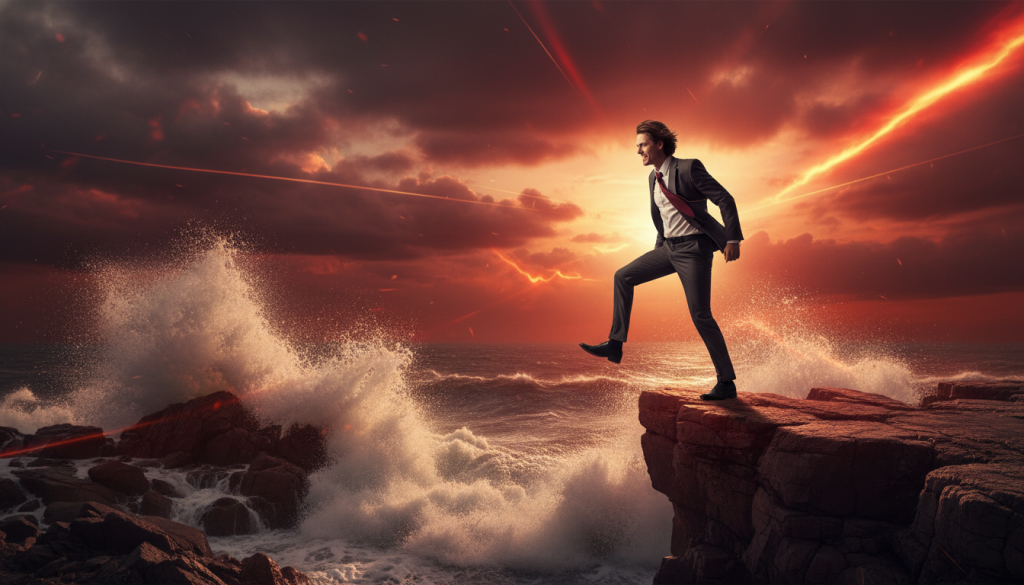 An intense scene showcasing the impulsive nature of Aries, featuring a fiery red and orange color palette reflecting the energy of the moment. In the foreground, a determined figure dressed in modest business attire, with a fierce expression, is standing at the edge of a cliff, overlooking a tumultuous ocean. The middle ground features dramatic waves crashing against the rocks, symbolizing the chaos of impulsive decisions. In the background, stormy skies swirl with dark clouds, adding to the tension. The lighting is dynamic, with bursts of sunlight breaking through the clouds, casting dramatic shadows. The atmosphere is charged with energy, hinting at the unpredictability of the moment, inviting the viewer to reflect on the duality of action and consequence. An intense scene showcasing the impulsive nature of Aries, featuring a fiery red and orange color palette reflecting the energy of the moment. In the foreground, a determined figure dressed in modest business attire, with a fierce expression, is standing at the edge of a cliff, overlooking a tumultuous ocean. The middle ground features dramatic waves crashing against the rocks, symbolizing the chaos of impulsive decisions. In the background, stormy skies swirl with dark clouds, adding to the tension. The lighting is dynamic, with bursts of sunlight breaking through the clouds, casting dramatic shadows. The atmosphere is charged with energy, hinting at the unpredictability of the moment, inviting the viewer to reflect on the duality of action and consequence.