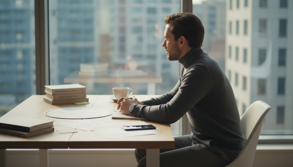 Austere and introspective depiction of a person embodying the rational side of Aquarius, sitting at a modern, minimalist desk scattered with books and notes, deep in thought. The foreground features a pensive individual in smart casual attire, gazing thoughtfully out of a window, bathed in gentle afternoon sunlight. In the middle, an organized workspace highlights elements like an astrological chart, a smartphone displaying messages, and a steaming cup of tea, symbolizing balanced emotions. The background showcases a serene cityscape with soft, muted colors, emphasizing clarity of mind. The overall atmosphere should feel calm yet intellectually stimulating, suggesting a rational approach to dealing with insecurities, with a focus on deep reflection instead of chaos. Use a soft focus lens to enhance depth, creating a warm and inviting yet contemplative mood.