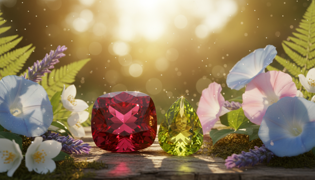 Create an enchanting scene featuring the birthstones for July and August, showcasing a vibrant ruby and a stunning peridot. In the foreground, position the radiant ruby, with its deep red color sparkling under soft natural light, resting on a textured wooden surface. Next to it, place the bright green peridot, glistening with hints of sunlight reflecting off its surfaces. In the middle ground, include delicate elements like blooming flowers and gentle greenery to enhance the natural vibe. The background should feature a warm, sunlit aura with soft bokeh effects to create a serene and uplifting atmosphere. Aim for a focused, close-up perspective to emphasize the beauty and energy of the gemstones, evoking a sense of spiritual protection and harmony.
