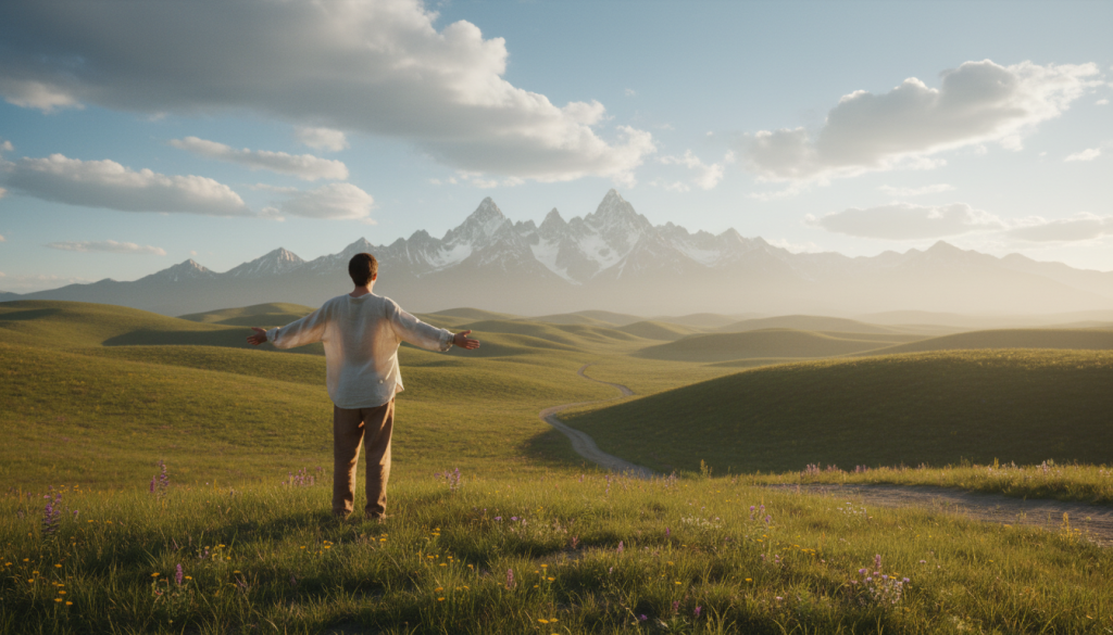A Sagittarius-themed scene, emphasizing emotional fulfillment, set in a serene landscape. In the foreground, a figure dressed in modest casual clothing gazes towards the horizon, symbolizing exploration and freedom. Their posture conveys openness, as if welcoming possibilities. The middle ground features lush, rolling hills under a bright blue sky, dotted with fluffy clouds, representing optimism and adventure. In the background, a distant mountain range symbolizes the journey of self-discovery. Soft, warm lighting bathes the scene, casting gentle shadows and creating a dreamy atmosphere. The mood is uplifting and contemplative, reflecting the essence of Sagittarius’ emotional needs.