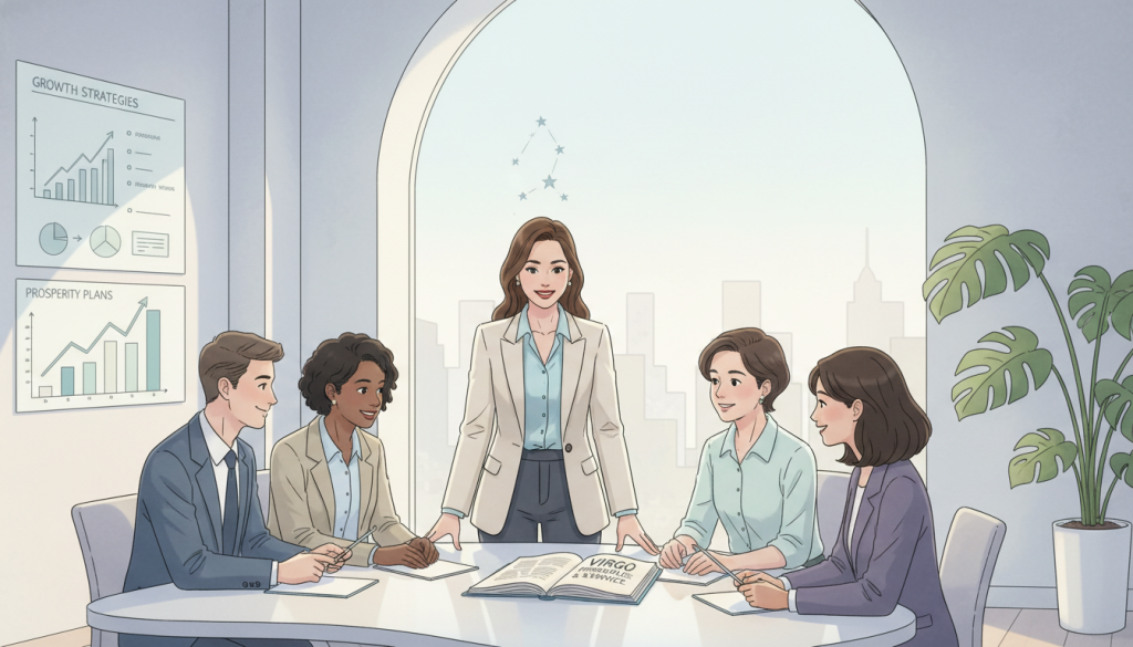 A Virgo zodiac sign illustration embodying excellence and service, showcasing a professional setting. In the foreground, a stylishly dressed woman, representing Virgo, is confidently assisting a diverse group of clients at a modern office desk, exuding warmth and professionalism. In the middle ground, charts and growth strategies prominently displayed on a sleek workspace illustrate natural prosperity, while a lush plant adds life to the scene. The background features a large window with soft, natural light streaming in, casting a gentle glow that enhances the atmosphere of productivity. A mix of calm pastel colors creates a serene yet ambitious mood, emphasizing the dedication and attention to detail characteristic of Virgo.